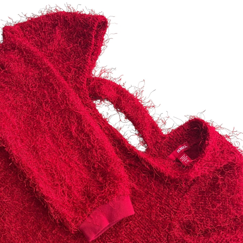 Bongo Junior L Deepest Red Fuzzy Shaggy Knit 3/4 Sleeve Cutout Sweater Y2K Retro